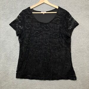Y2K Lace Floral Top Women XL Black Short Sleeve Blouse Grunge Whimsigoth Fairy